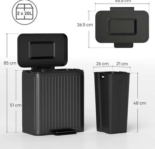 HOMCOM Dual Kitchen Bin, 2 x 20L Double Bin for Recycling and Waste, Fingerprint-proof Pedal Bin with Soft-Close Lid, Black Aosom UK