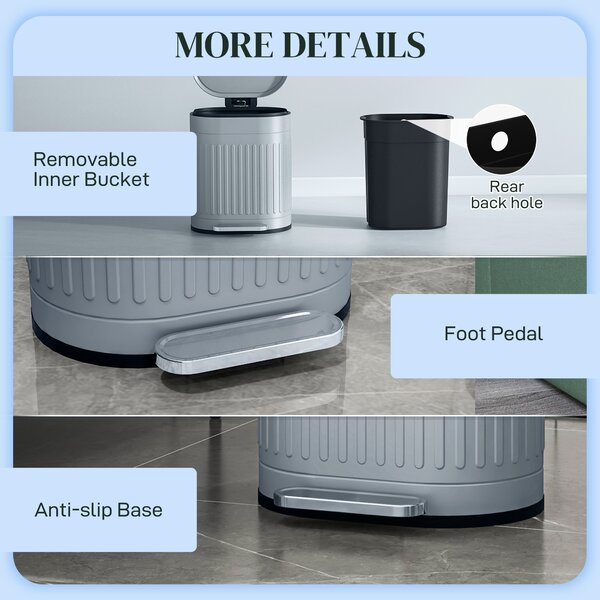HOMCOM 20 Litre Pedal Bin, Fingerprint Proof Kitchen Bin w/ Soft-close Lid, Metal Rubbish Bin w/ Foot Pedal & Removable Inner Bucket, Grey Aosom UK