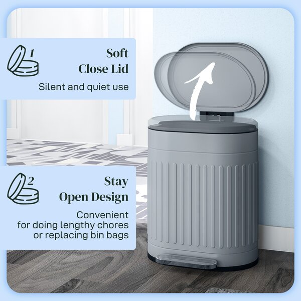 HOMCOM 20 Litre Pedal Bin, Fingerprint Proof Kitchen Bin w/ Soft-close Lid, Metal Rubbish Bin w/ Foot Pedal & Removable Inner Bucket, Grey Aosom UK