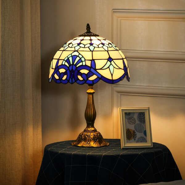 HOMCOM Stained Glass Bedroom Table Lamp, Handmade Antique Bedside Light for Bedroom, Living Room, Home, Decorative Night Light, Blue Aosom UK