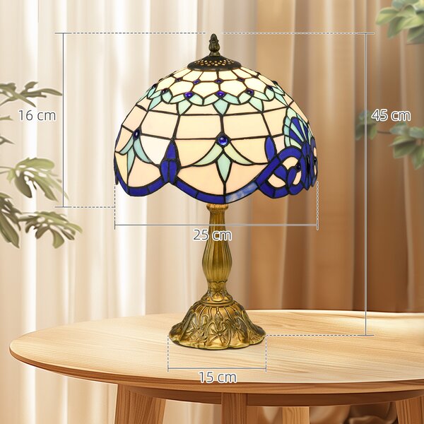 HOMCOM Stained Glass Bedroom Table Lamp, Handmade Antique Bedside Light for Bedroom, Living Room, Home, Decorative Night Light, Blue Aosom UK