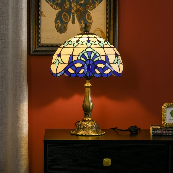 HOMCOM Stained Glass Bedroom Table Lamp, Handmade Antique Bedside Light for Bedroom, Living Room, Home, Decorative Night Light, Blue Aosom UK