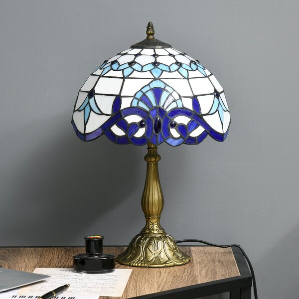 HOMCOM Stained Glass Bedroom Table Lamp, Handmade Antique Bedside Light for Bedroom, Living Room, Home, Decorative Night Light, Blue Aosom UK
