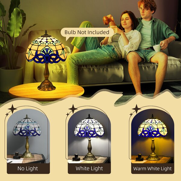 HOMCOM Stained Glass Bedroom Table Lamp, Handmade Antique Bedside Light for Bedroom, Living Room, Home, Decorative Night Light, Blue Aosom UK