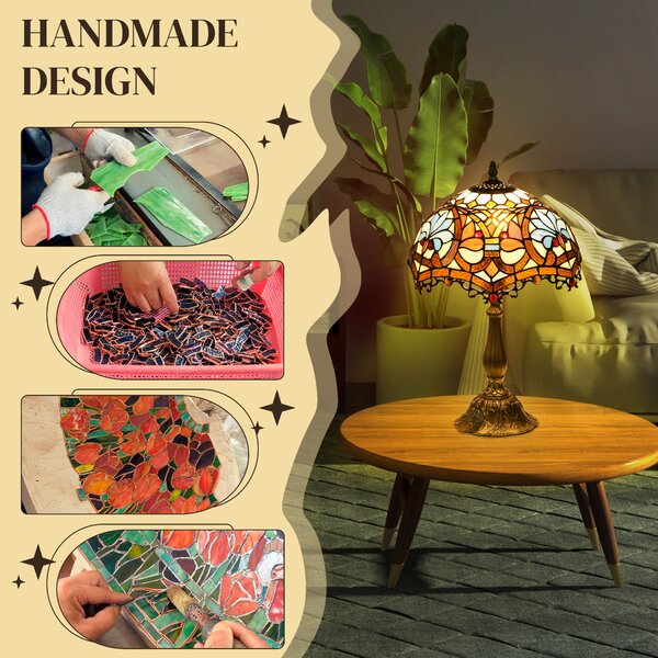 HOMCOM Stained Glass Bedroom Table Lamp, Handcrafted Artisan Collectible, Bedside Light, Multi-Coloured, Zinc Alloy Aosom UK