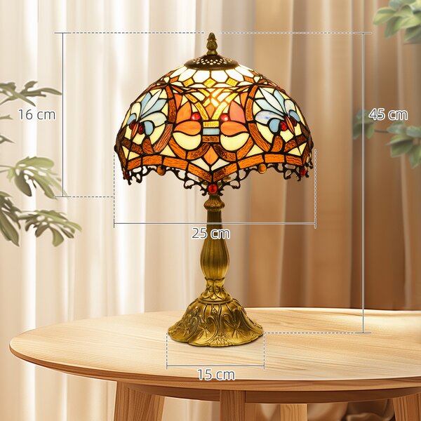 HOMCOM Stained Glass Bedroom Table Lamp, Handcrafted Artisan Collectible, Bedside Light, Multi-Coloured, Zinc Alloy Aosom UK