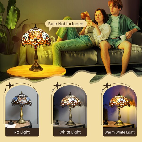HOMCOM Stained Glass Bedroom Table Lamp, Handcrafted Artisan Collectible, Bedside Light, Multi-Coloured, Zinc Alloy Aosom UK