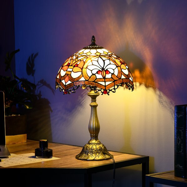 HOMCOM Stained Glass Bedroom Table Lamp, Handcrafted Artisan Collectible, Bedside Light, Multi-Coloured, Zinc Alloy Aosom UK