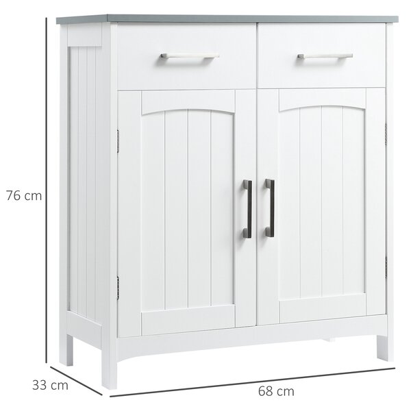 Kleankin Bathroom Floor Cabinet, Freestanding Wooden Free Standing Storage Cupboard with 2 Drawers, Double Doors, Adjustable Shelf, White