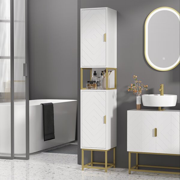 Kleankin Narrow Bathroom Storage Cabinet, Freestanding Tallboy Storage Unit Floor Cabinet Slim Corner Organizer w/Adjustable Shelf Steel Base, White