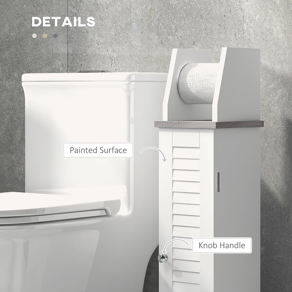 Kleankin Slim Bathroom Floor Cabinet with Cupboard, Roll Holder and Adjustable Shelf, Toilet Roll Storage Unit for Toilet Paper, Shampoo, White