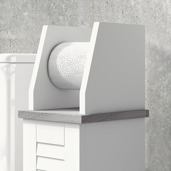 Kleankin Slim Bathroom Floor Cabinet with Cupboard, Roll Holder and Adjustable Shelf, Toilet Roll Storage Unit for Toilet Paper, Shampoo, White