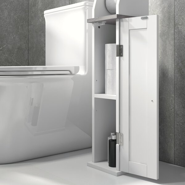 Kleankin Slim Bathroom Floor Cabinet with Cupboard, Roll Holder and Adjustable Shelf, Toilet Roll Storage Unit for Toilet Paper, Shampoo, White