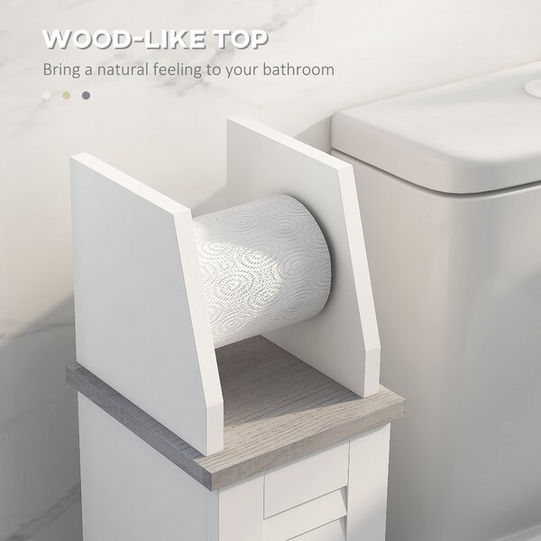 Kleankin Slim Bathroom Floor Cabinet with Cupboard, Roll Holder and Adjustable Shelf, Toilet Roll Storage Unit for Toilet Paper, Shampoo, White