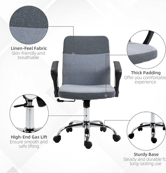 Vinsetto Linen Fabric Ergonomic Swivel Office Chair: Adjustable Desk Seating with Wheels for Home Study, Grey