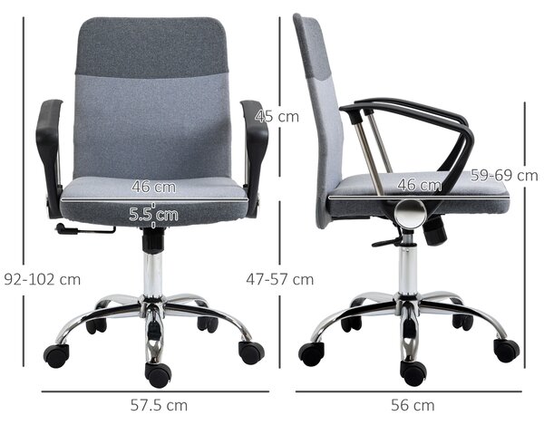 Vinsetto Linen Fabric Ergonomic Swivel Office Chair: Adjustable Desk Seating with Wheels for Home Study, Grey