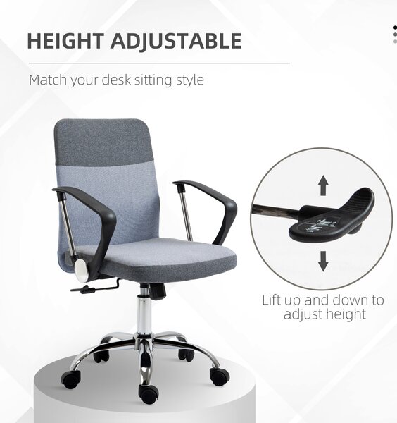 Vinsetto Linen Fabric Ergonomic Swivel Office Chair: Adjustable Desk Seating with Wheels for Home Study, Grey