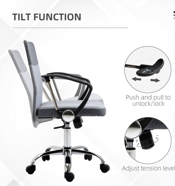Vinsetto Linen Fabric Ergonomic Swivel Office Chair: Adjustable Desk Seating with Wheels for Home Study, Grey