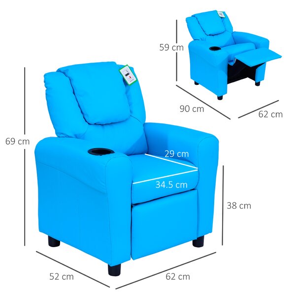 HOMCOM Childrens Recliner Armchair W/ Cup Holder-Blue
