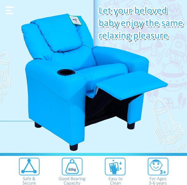 HOMCOM Childrens Recliner Armchair W/ Cup Holder-Blue