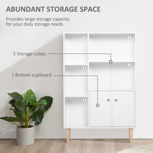 HOMCOM Open Bookcase Storage Cabinet Shelves Unit Free Standing w/ Two Doors Wooden Display White