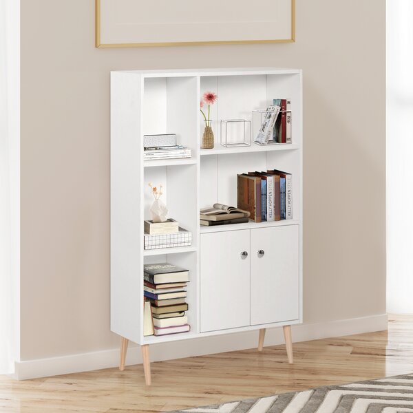 HOMCOM Open Bookcase Storage Cabinet Shelves Unit Free Standing w/ Two Doors Wooden Display White