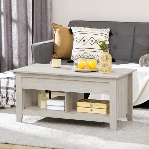 HOMCOM Lift Top Coffee Table w/ Hidden Storage Compartment Open Shelves Lift Tabletop Pop Up Centre Table for Living Room Oak Effect