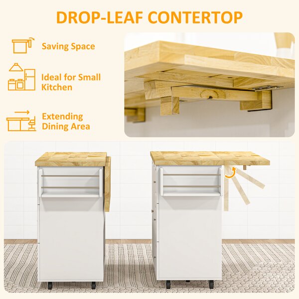 HOMCOM Drop-Leaf Kitchen Island on Wheels Utility Storage Cart with Drawers & Cabinet for Kitchen, Dining & Living Room