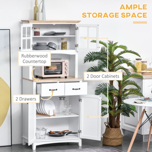 HOMCOM Freestanding Kitchen Cupboard with Glass Doors, Drawers and Microwave Shelf, White Aosom UK