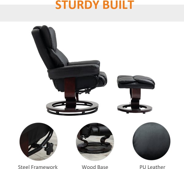 HOMCOM Reclining Swivel Armchair Footstool Set Sofa Padded PU Leather Relaxing Manual Duo Metal Frame Bentwood Base Black