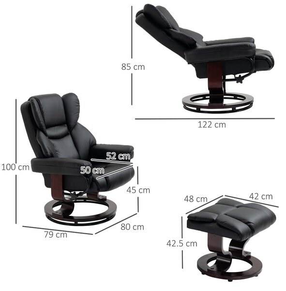 HOMCOM Reclining Swivel Armchair Footstool Set Sofa Padded PU Leather Relaxing Manual Duo Metal Frame Bentwood Base Black