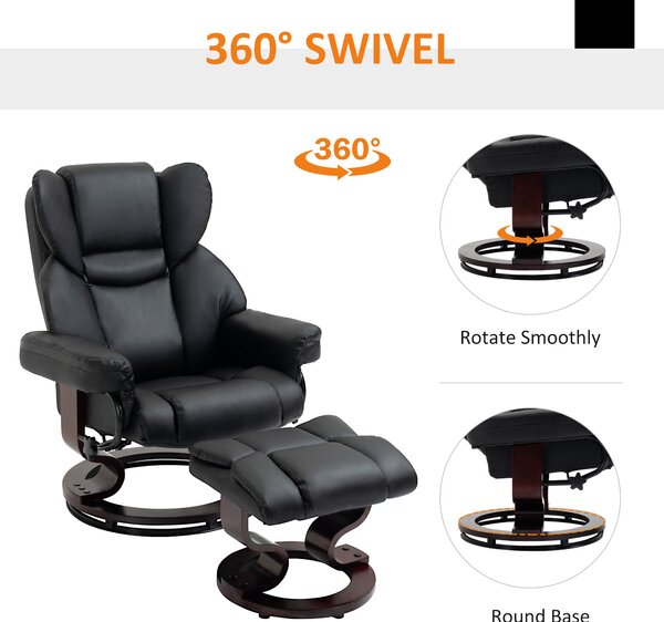 HOMCOM Reclining Swivel Armchair Footstool Set Sofa Padded PU Leather Relaxing Manual Duo Metal Frame Bentwood Base Black