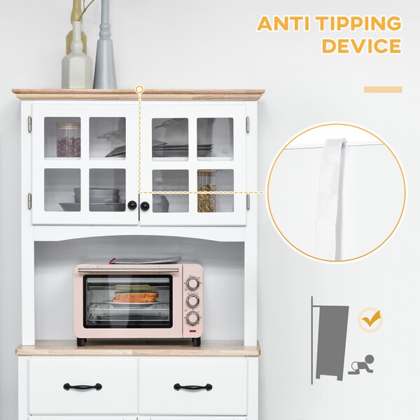 HOMCOM Freestanding Kitchen Cupboard with Glass Doors, Drawers and Microwave Shelf, White Aosom UK