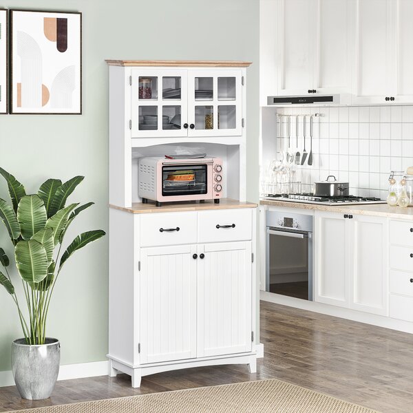 HOMCOM Freestanding Kitchen Cupboard with Glass Doors, Drawers and Microwave Shelf, White Aosom UK