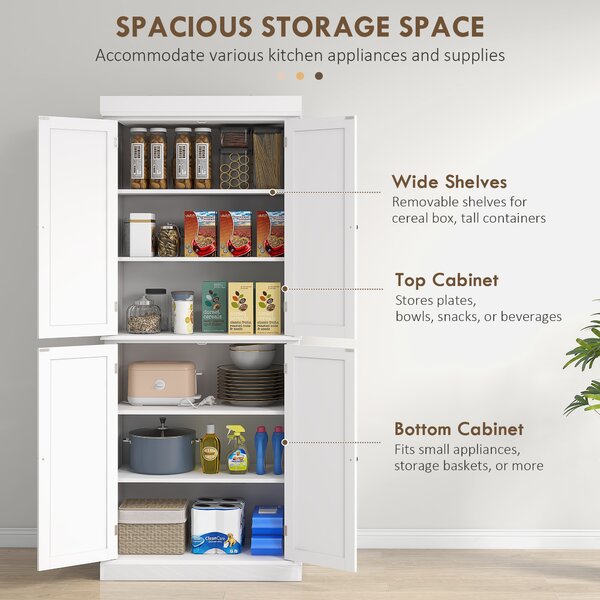 HOMCOM White Kitchen Cupboard, Tall Kitchen Cupboard with 6-Tier Adjustable Shelves Aosom UK