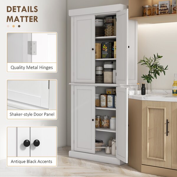 HOMCOM White Kitchen Cupboard, Tall Kitchen Cupboard with 6-Tier Adjustable Shelves Aosom UK