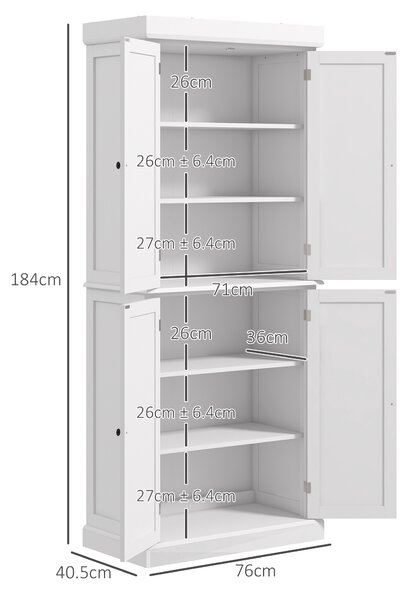 HOMCOM White Kitchen Cupboard, Tall Kitchen Cupboard with 6-Tier Adjustable Shelves Aosom UK