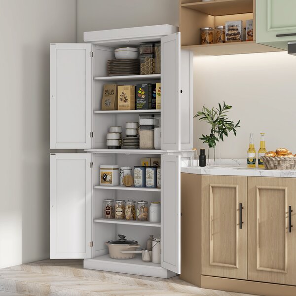 HOMCOM White Kitchen Cupboard, Tall Kitchen Cupboard with 6-Tier Adjustable Shelves Aosom UK