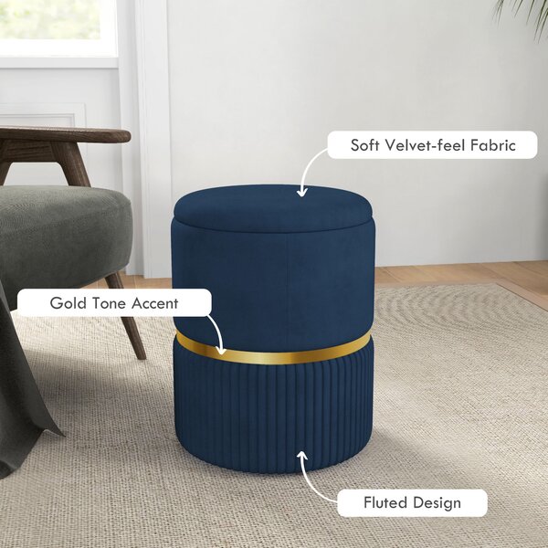 HOMCOM Round Ottoman Stool with Storage, Velvet-feel Fabric Pouffe, Padded Seat Foot Stool, Blue