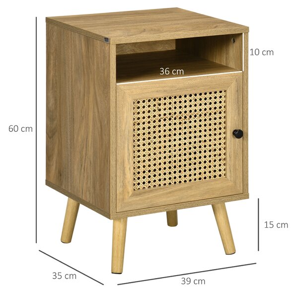 HOMCOM Bedside Table with Rattan Element, Side End Table with Shelf and Cupboard, 39cmx35cmx60cm, Set of 2, Natural