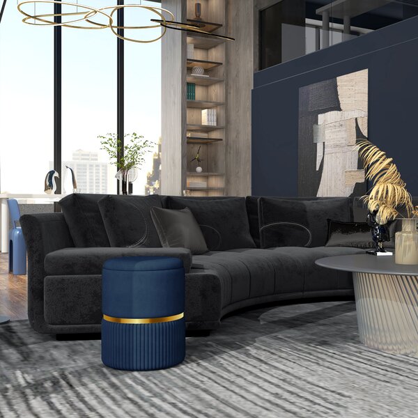 HOMCOM Round Ottoman Stool with Storage, Velvet-feel Fabric Pouffe, Padded Seat Foot Stool, Blue
