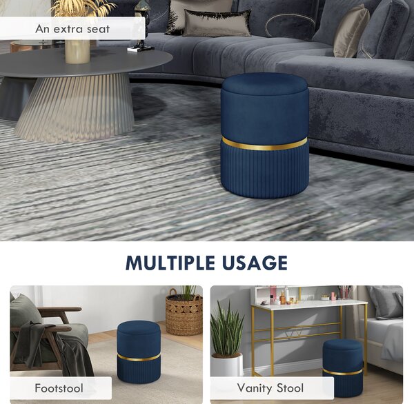 HOMCOM Round Ottoman Stool with Storage, Velvet-feel Fabric Pouffe, Padded Seat Foot Stool, Blue