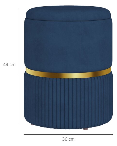 HOMCOM Round Ottoman Stool with Storage, Velvet-feel Fabric Pouffe, Padded Seat Foot Stool, Blue