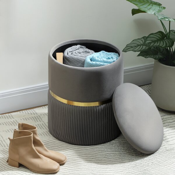 HOMCOM Velvet-feel Round Ottoman Stool, Storage Pouffe, Padded Seat, Hidden Compartment, Grey