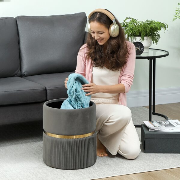 HOMCOM Velvet-feel Round Ottoman Stool, Storage Pouffe, Padded Seat, Hidden Compartment, Grey