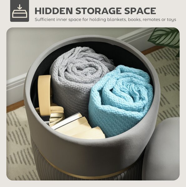 HOMCOM Velvet-feel Round Ottoman Stool, Storage Pouffe, Padded Seat, Hidden Compartment, Grey