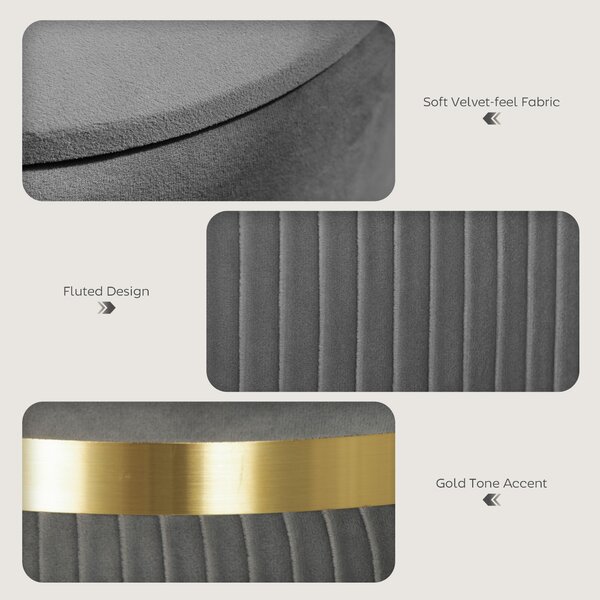 HOMCOM Velvet-feel Round Ottoman Stool, Storage Pouffe, Padded Seat, Hidden Compartment, Grey