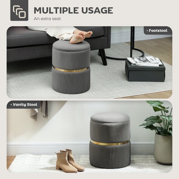 HOMCOM Velvet-feel Round Ottoman Stool, Storage Pouffe, Padded Seat, Hidden Compartment, Grey