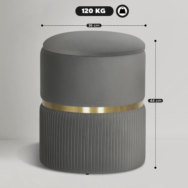 HOMCOM Velvet-feel Round Ottoman Stool, Storage Pouffe, Padded Seat, Hidden Compartment, Grey
