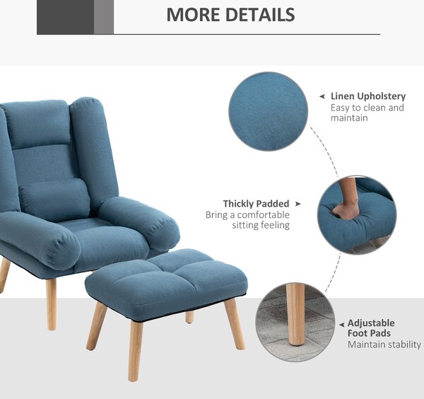 HOMCOM Occasional Recliner with Ottoman, 3-Position Adjustable Linen Fabric Reclining Lounger with Footstool, Cat Scratch Anti, Blue Aosom UK